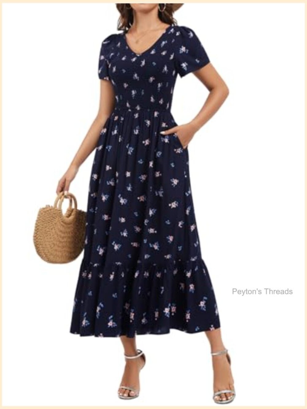 Flowy V Neck Smocked Maxi Dress with Pockets - Picture 2 of 5